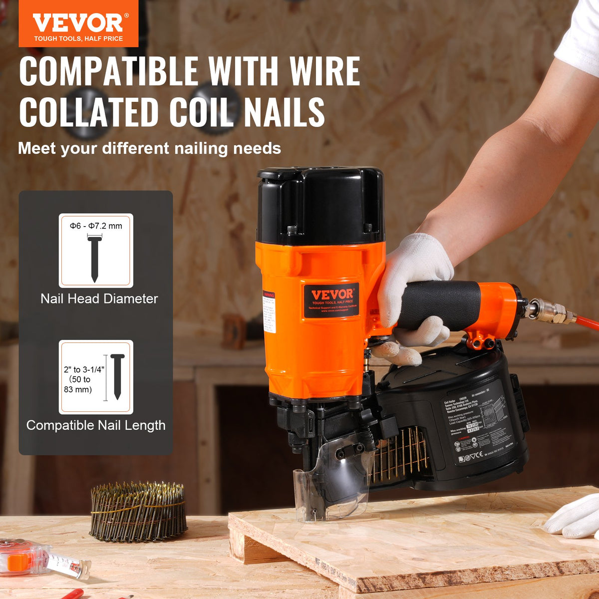Coil Siding Framing Nailer CN83N Pneumatic Nail Gun 50-83mm Tool-Less 15°