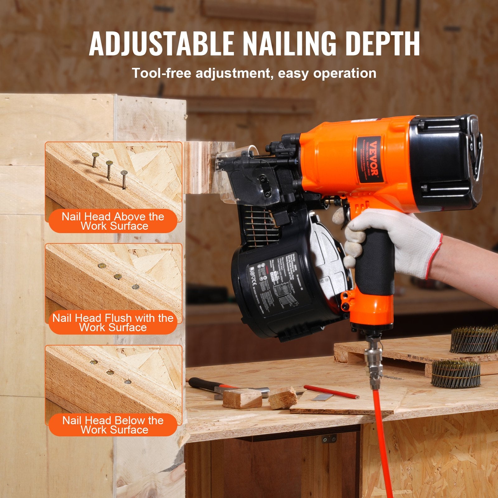 Coil Siding Framing Nailer CN83N Pneumatic Nail Gun 50-83mm Tool-Less 15°
