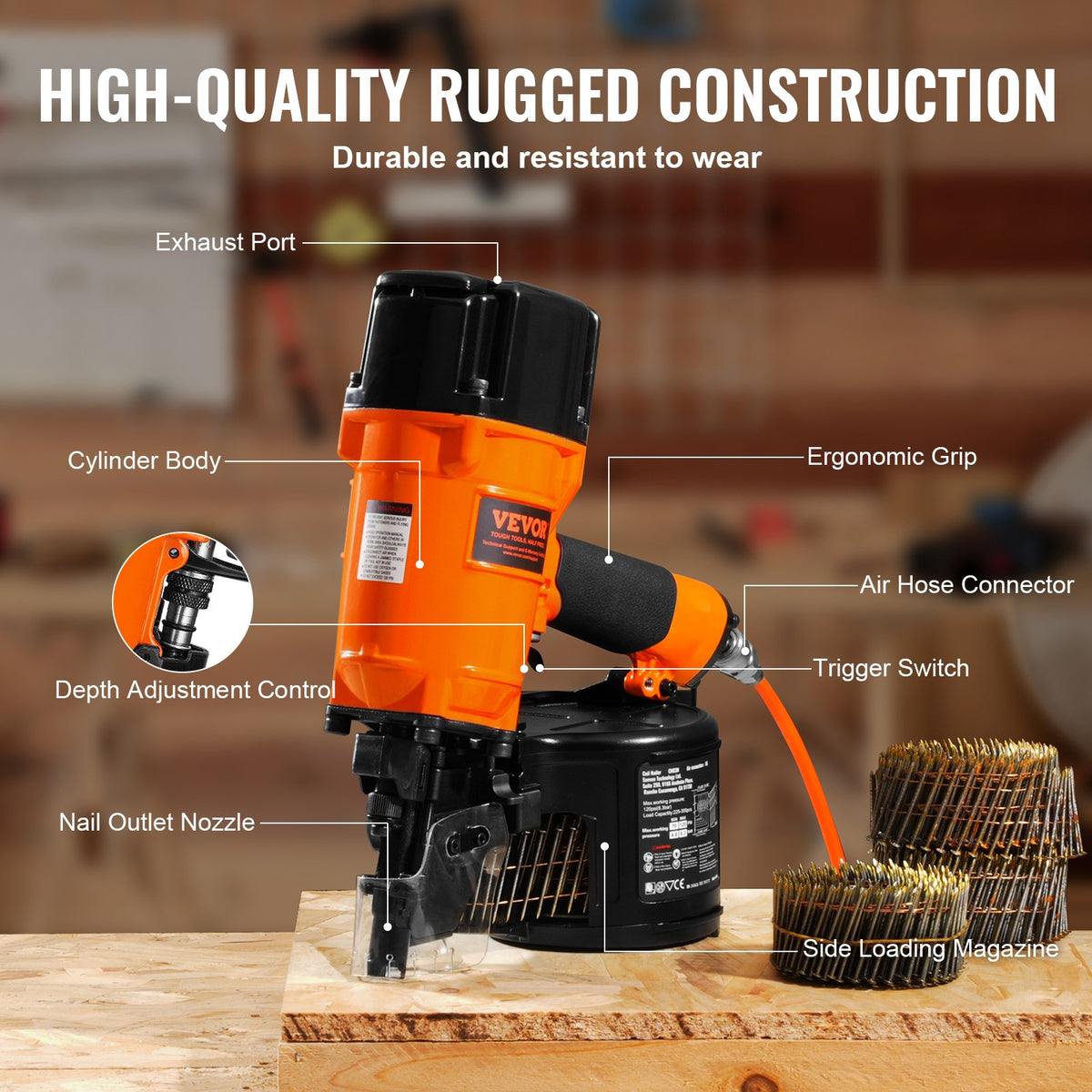 Coil Siding Framing Nailer CN83N Pneumatic Nail Gun 50-83mm Tool-Less 15°