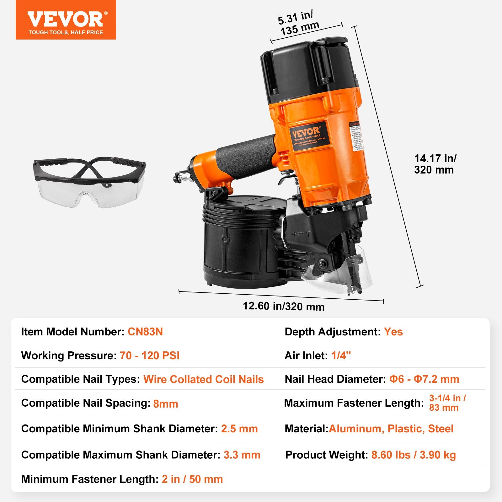 Coil Siding Framing Nailer CN83N Pneumatic Nail Gun 50-83mm Tool-Less 15°
