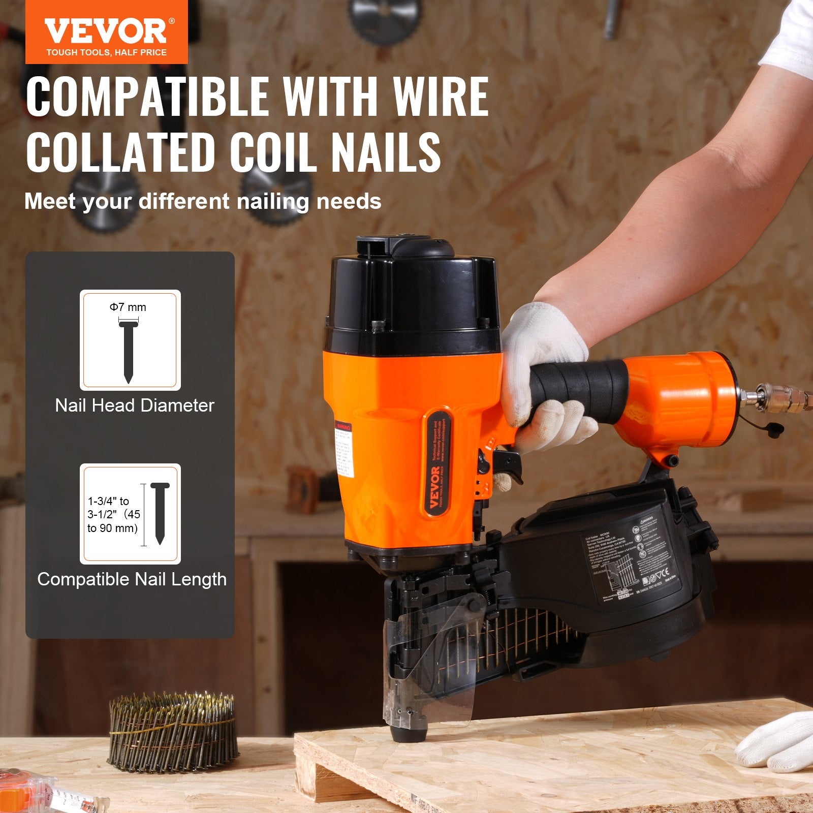 MCN90 Coil Framing Nailer 45-90mm 15° Pneumatic Nail Gun 90-120PSI for Walls
