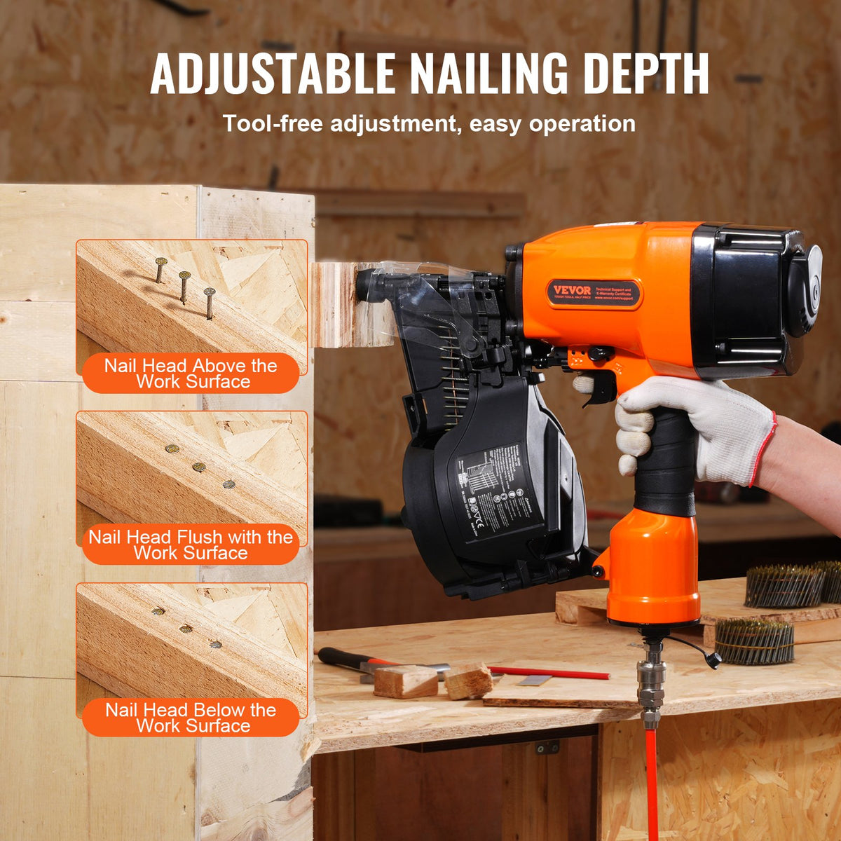MCN90 Coil Framing Nailer 45-90mm 15° Pneumatic Nail Gun 90-120PSI for Walls
