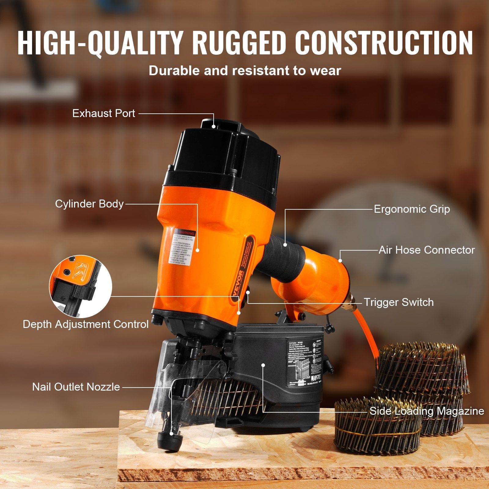 MCN90 Coil Framing Nailer 45-90mm 15° Pneumatic Nail Gun 90-120PSI for Walls