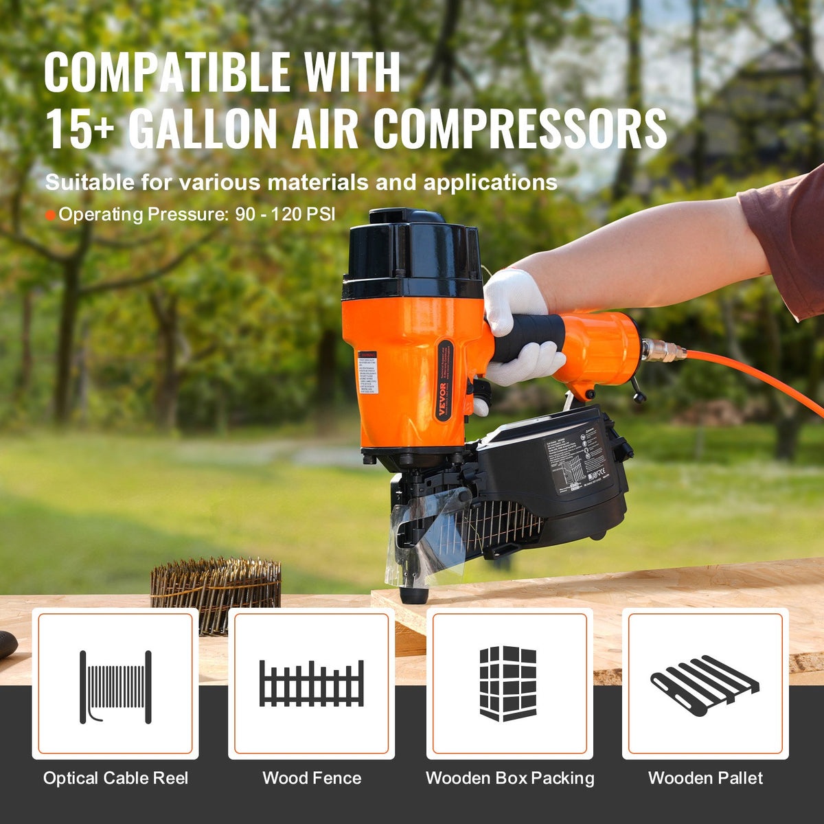 MCN90 Coil Framing Nailer 45-90mm 15° Pneumatic Nail Gun 90-120PSI for Walls