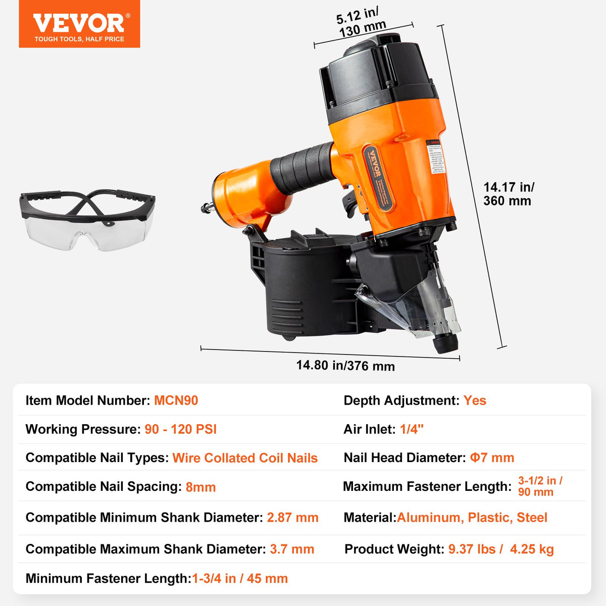 MCN90 Coil Framing Nailer 45-90mm 15° Pneumatic Nail Gun 90-120PSI for Walls