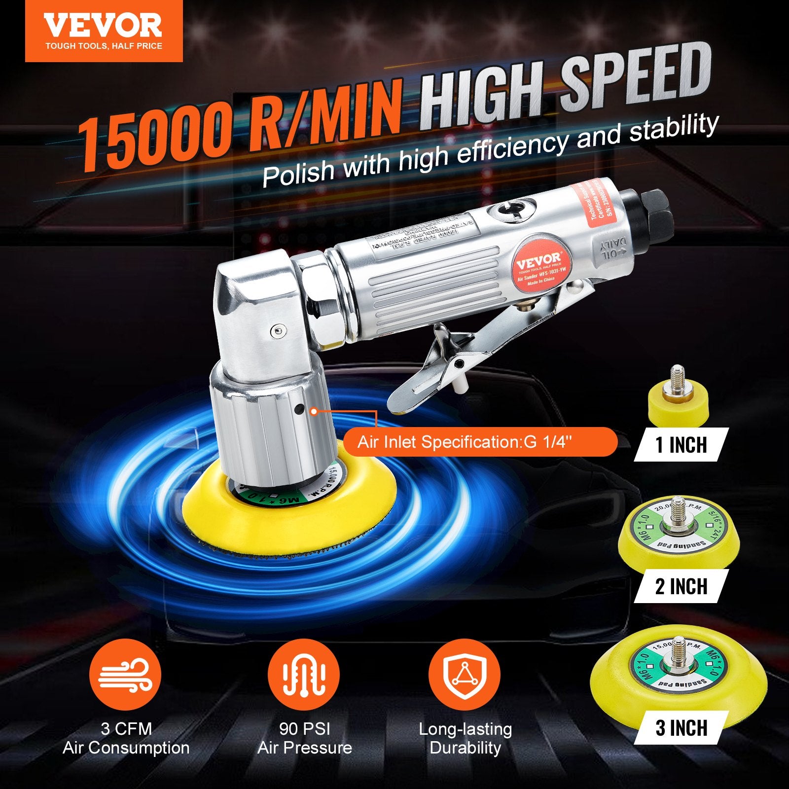 Mini Air Sander 1"/2"/3", 15000r/min Random Orbital with 58PCS Kit for Auto Body