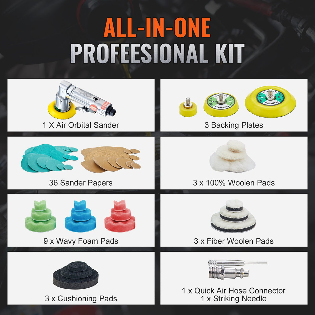 Mini Air Sander 1"/2"/3", 15000r/min Random Orbital with 58PCS Kit for Auto Body