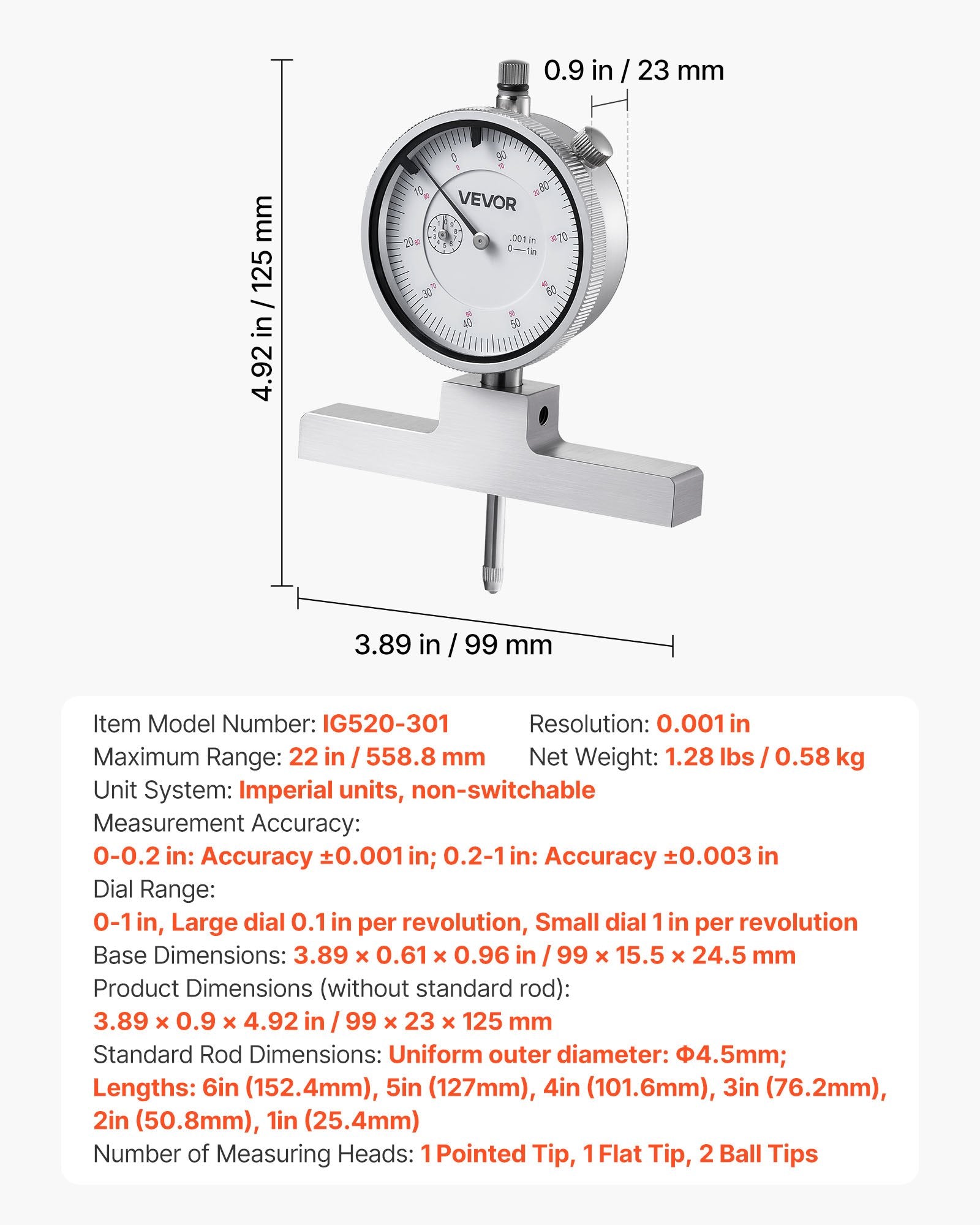 Depth Gauge Micromtr 0-22in Range 0.001in Res 4 Anvils 6 Rods Groove Step Hole