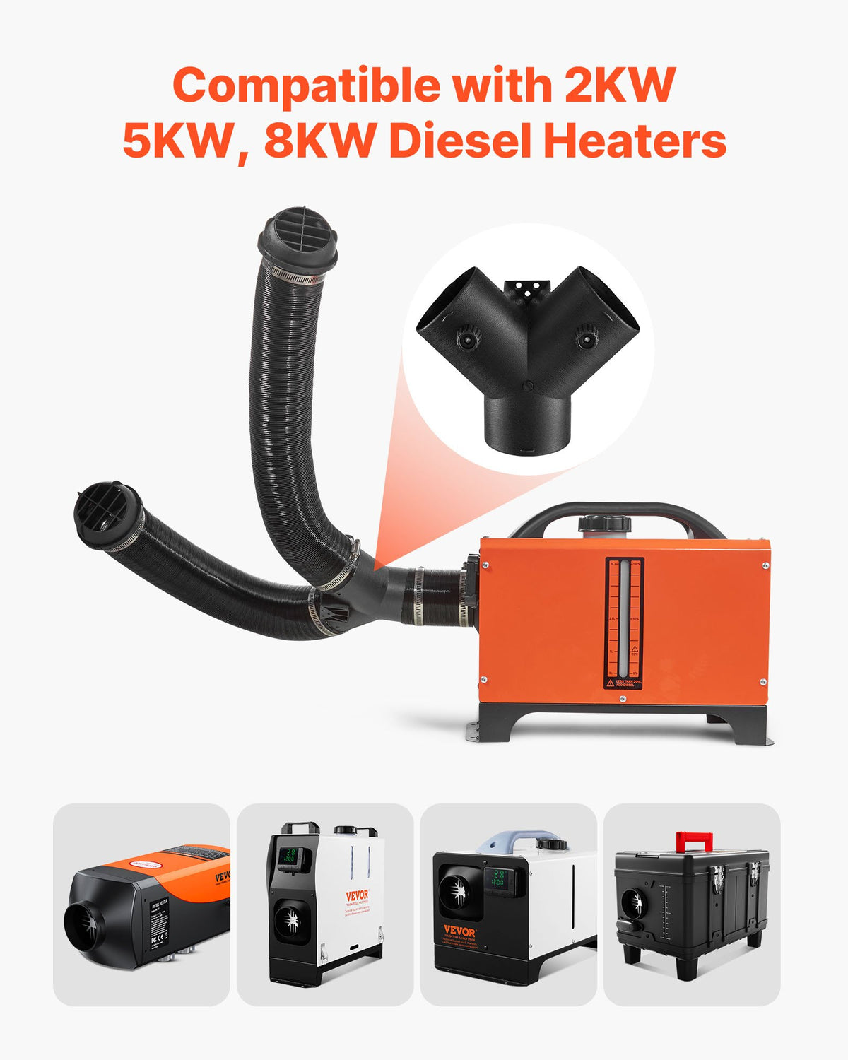 75mm Diesel Heater Duct Y Connector 3-Way w/ Rotatable Valves Black Vent