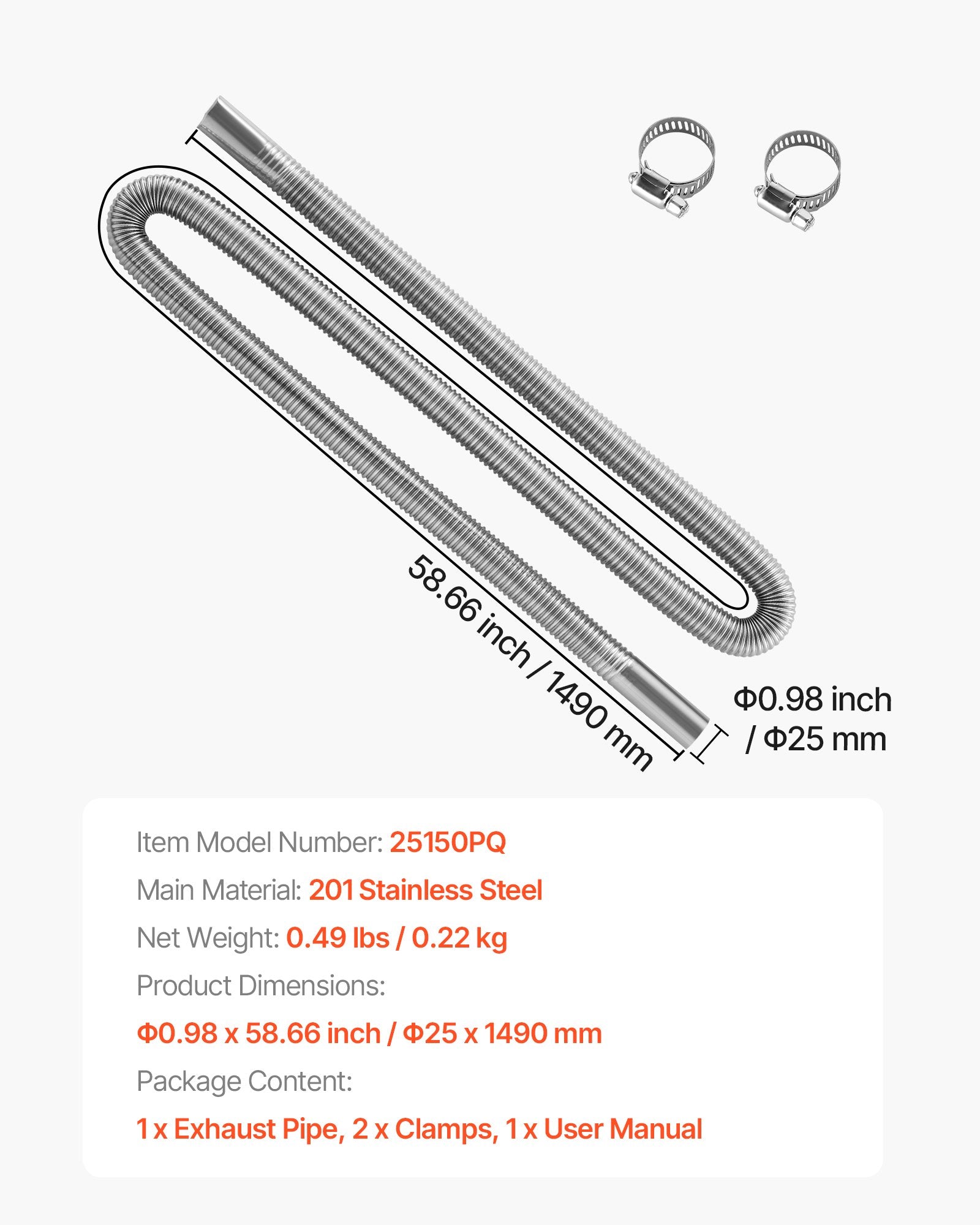 1490mm Stainless Steel Diesel Heater Exhaust Hose with Clamps 2KW-8KW Kit