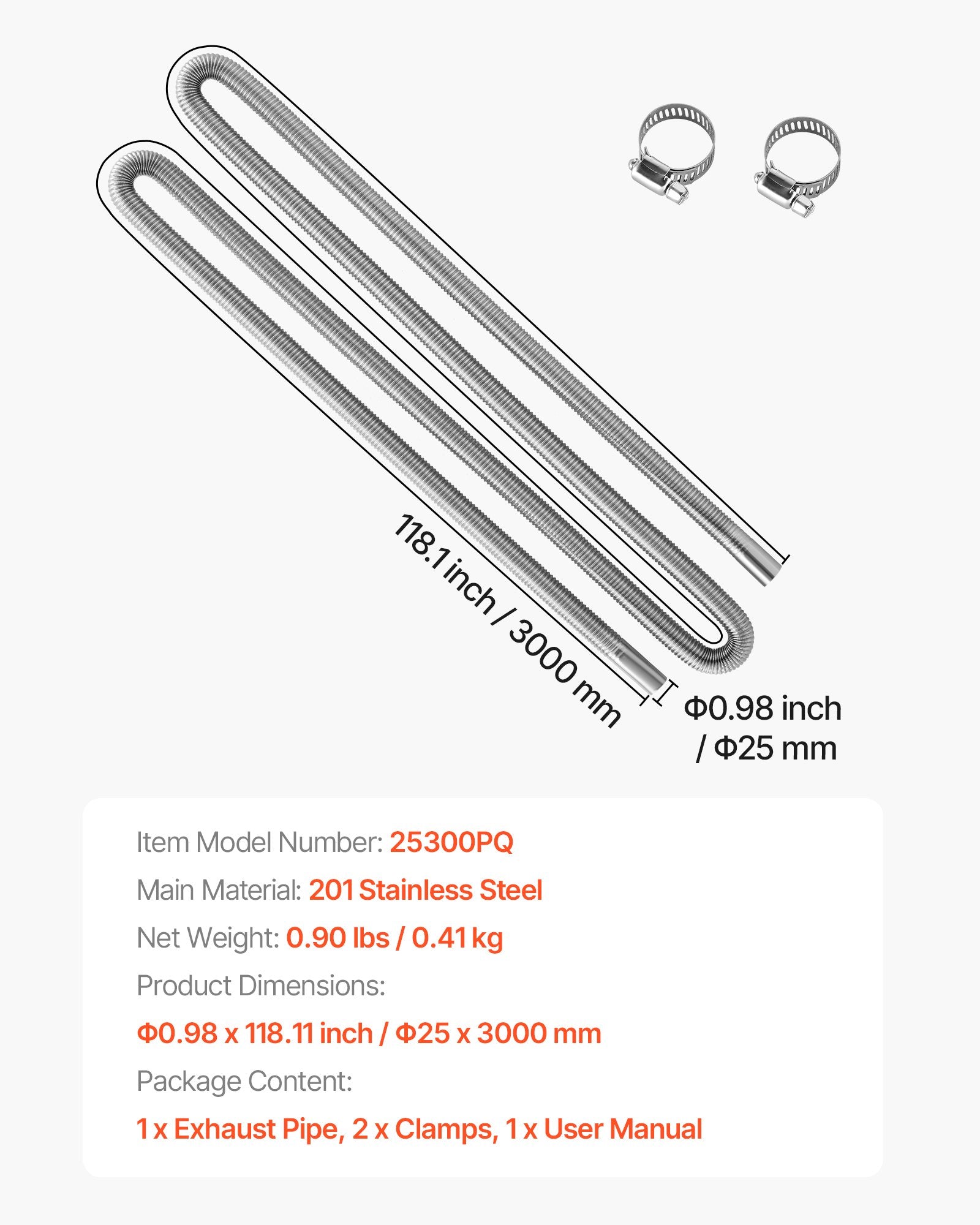 3000mm Stainless Steel Diesel Heater Exhaust Hose Kit w/ 2 Clamps