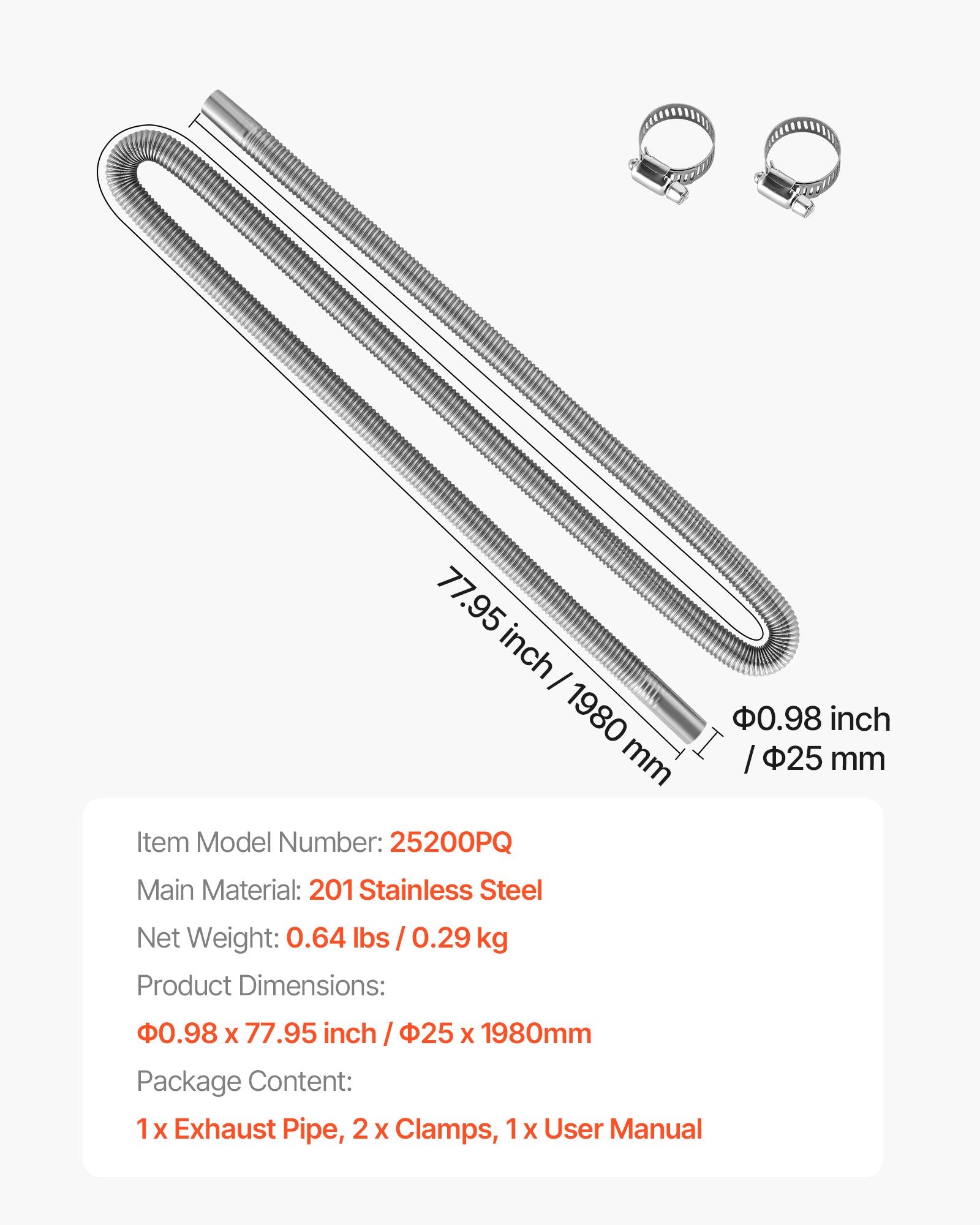 1980mm Stainless Steel Diesel Heater Exhaust Hose with Clamps 2KW-8KW Kit