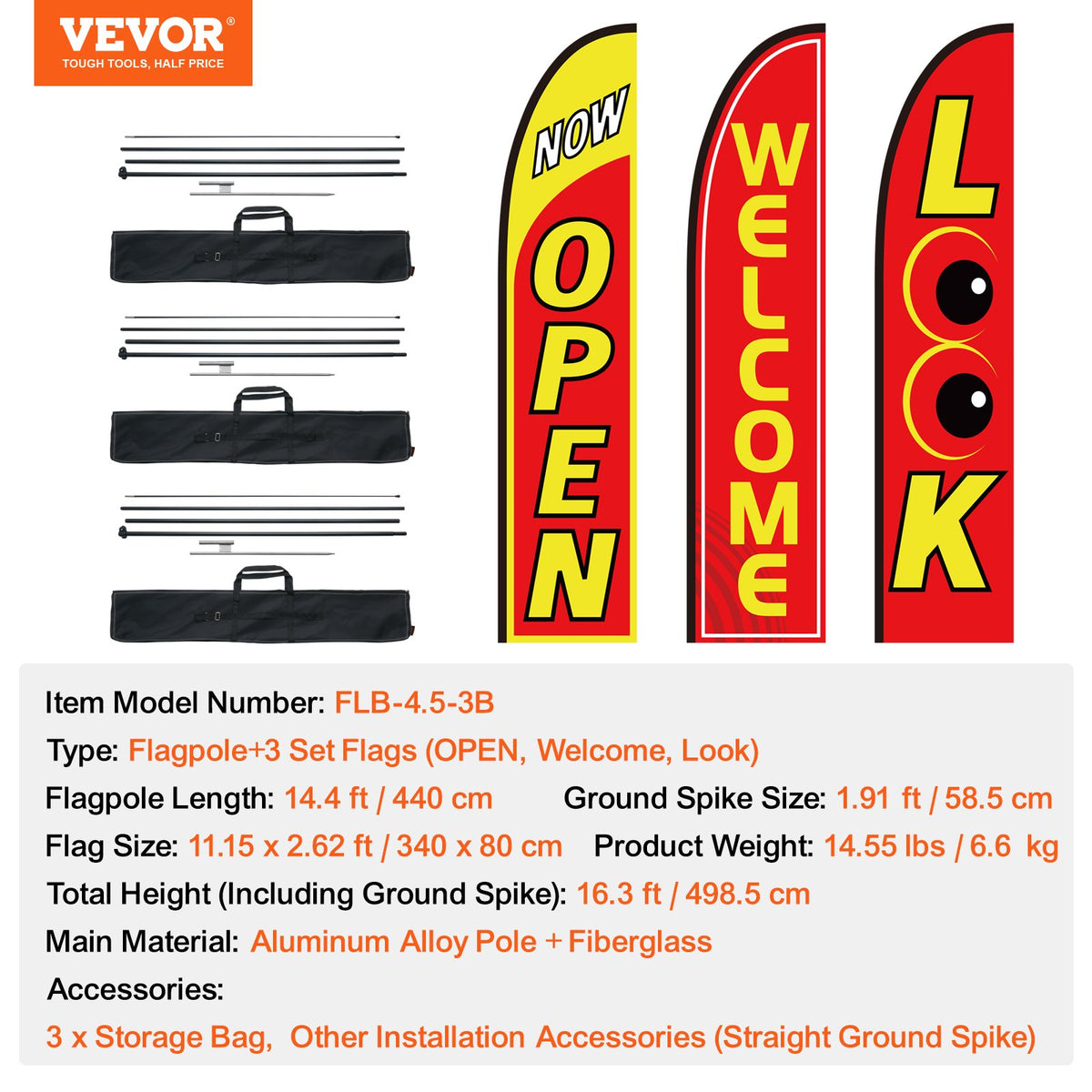 16.3FT Open, Look, Welcome Feather Flags with 3 Poles and Ground Stakes