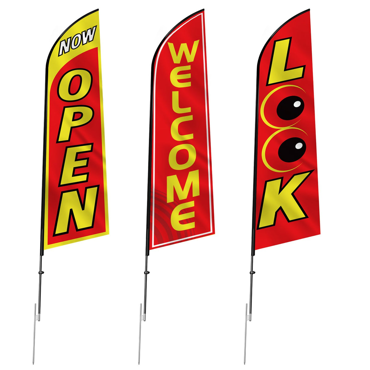16.3FT Open, Look, Welcome Feather Flags with 3 Poles and Ground Stakes