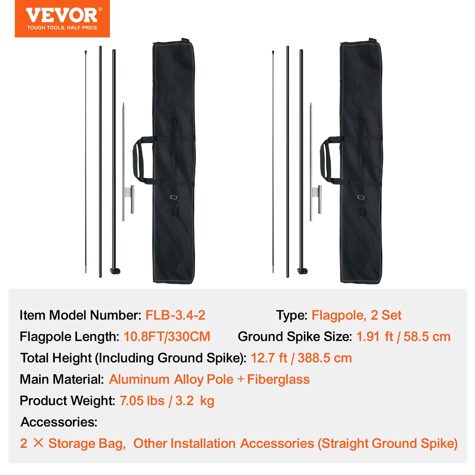 2 Pack Feather Flag Pole Kit 12.7FT with Ground Stakes and Carrying Bag