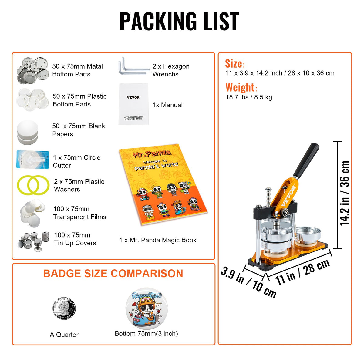 Button Maker Machine 3" 75MM Badge Pin Machine Press Kit with 100 Parts