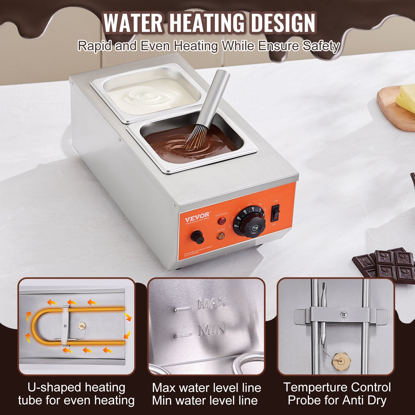 2 Tank Chocolate Tempering Machine 800W Stainless Steel Melter