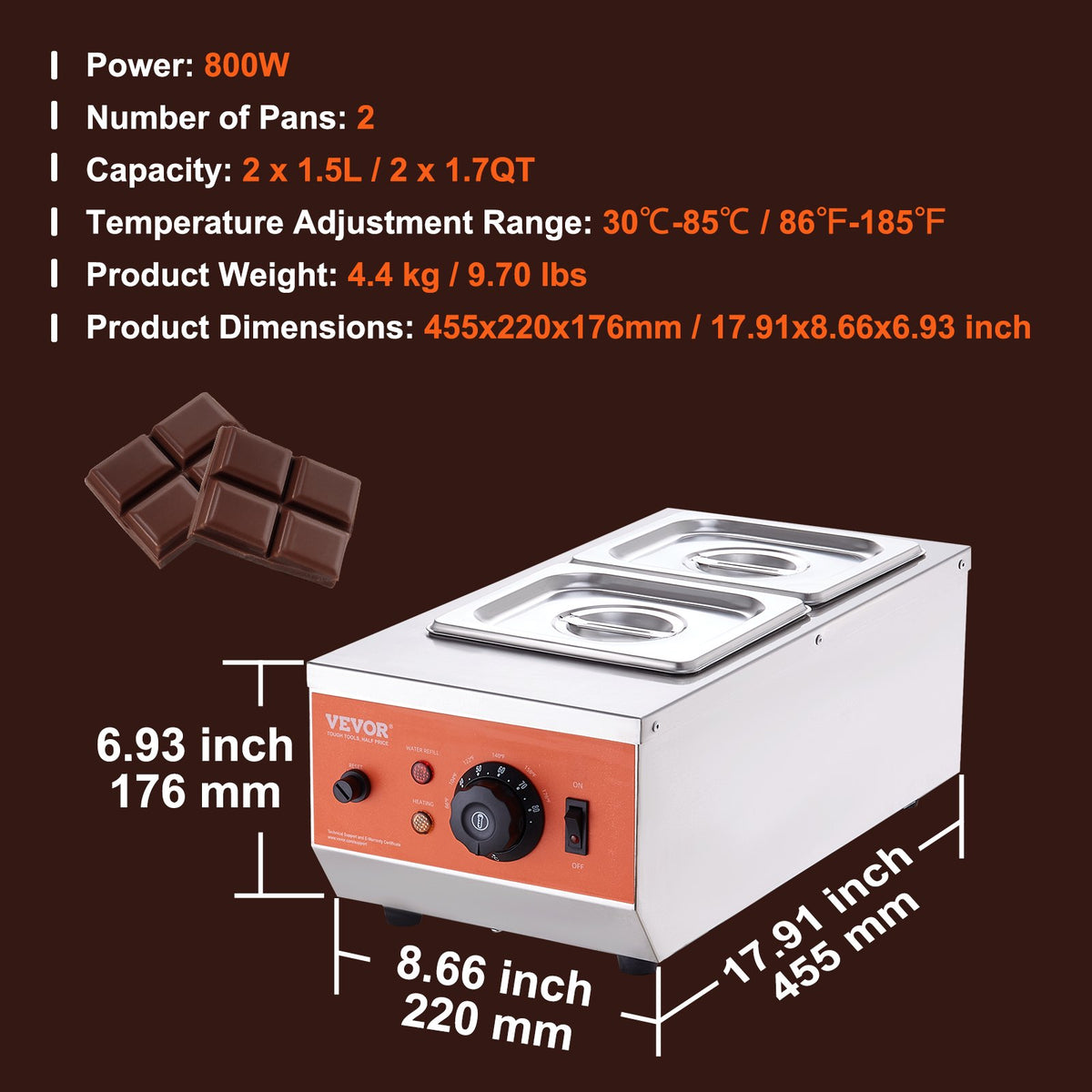 2 Tank Chocolate Tempering Machine 800W Stainless Steel Melter