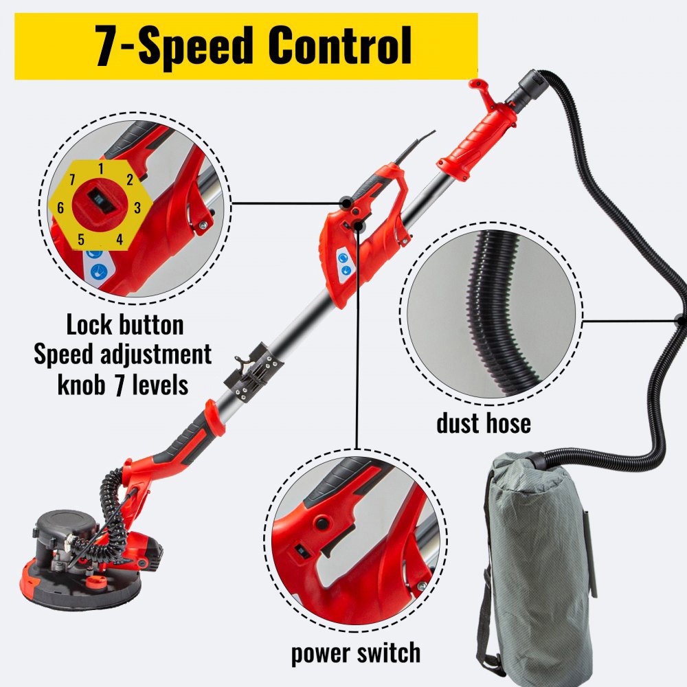 Foldable 850W Electric Drywall Sander Variable Speed 800-1750RPM Telescopic Dust