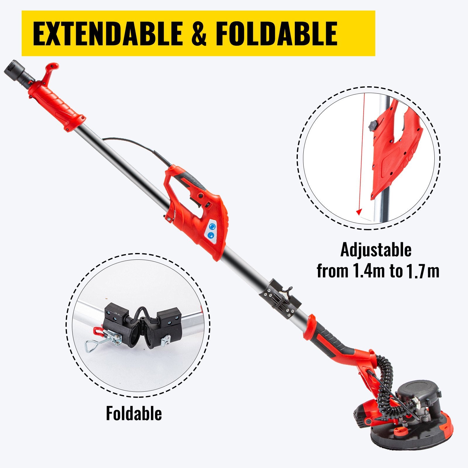 Foldable 850W Electric Drywall Sander Variable Speed 800-1750RPM Telescopic Dust