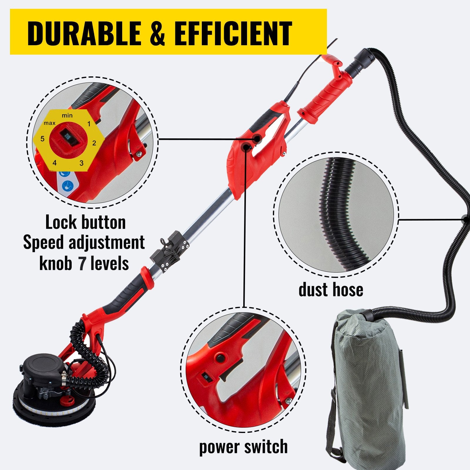 Drywall Sander 750W Electric Wall Sander 800–1750 RPM with LED Strip Light
