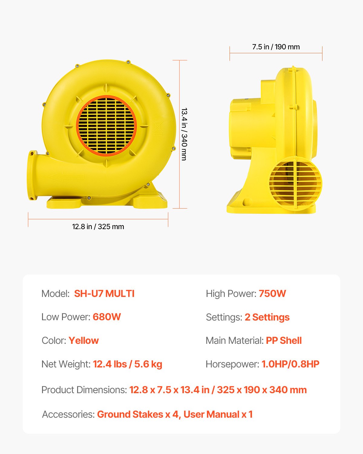 Inflatable Air Blower Pump Fan Bounce House Electric Pump Inflator Yellow