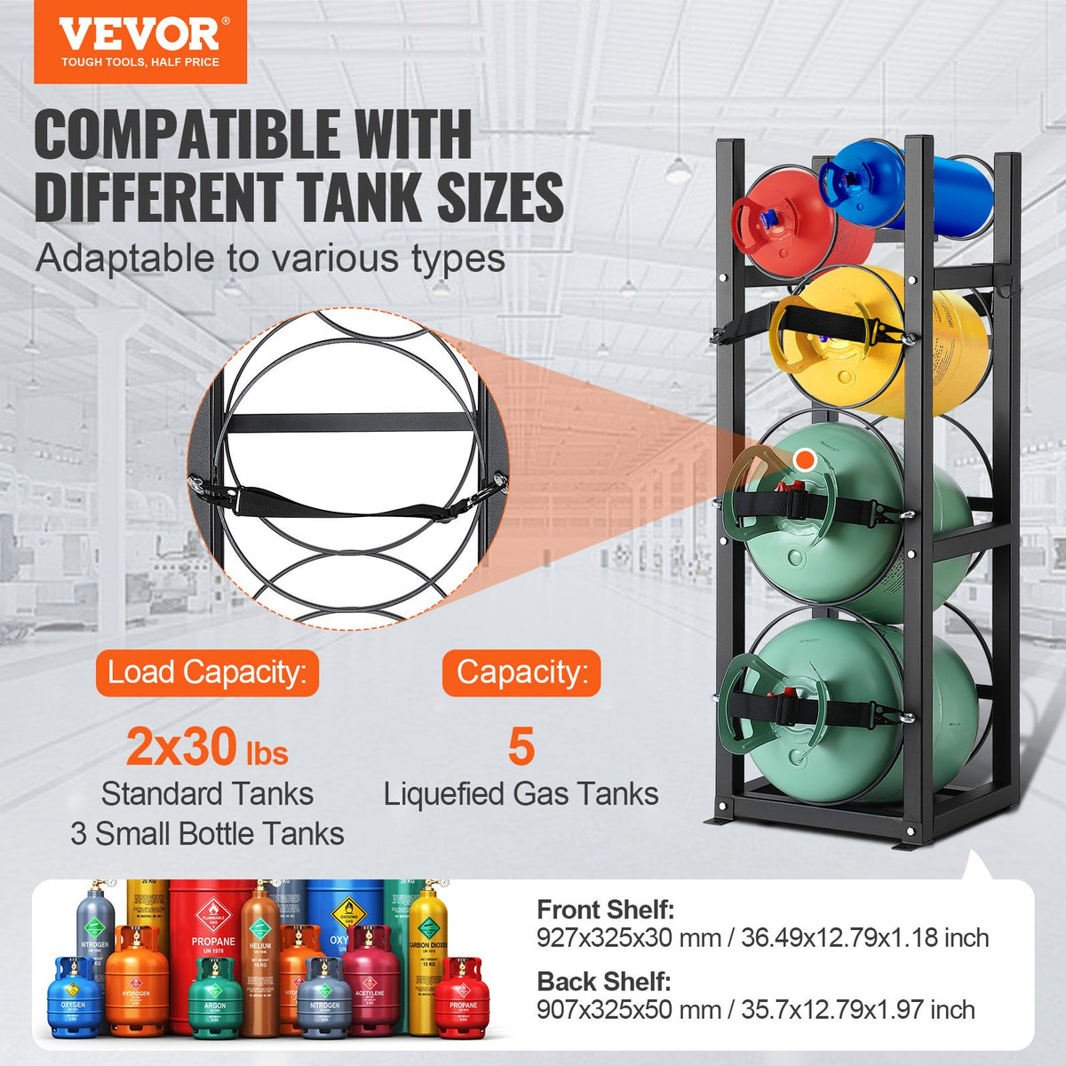 Refrigerant Cylinder Rack and Holders for 2 x 30lbs, 3 Small Tanks, Freon, Gases