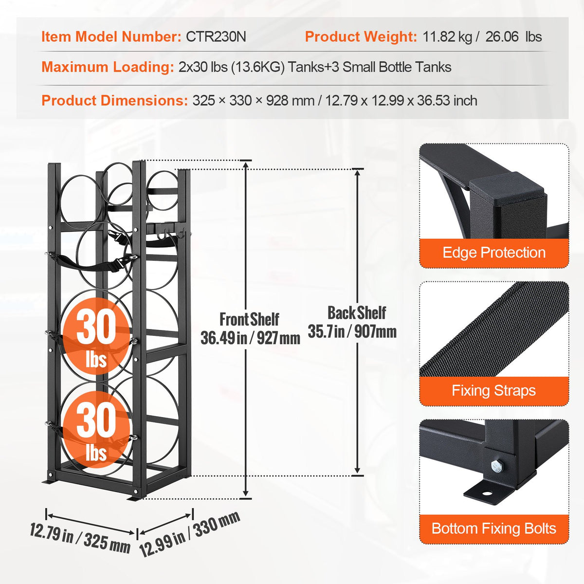 Refrigerant Cylinder Rack and Holders for 2 x 30lbs, 3 Small Tanks, Freon, Gases