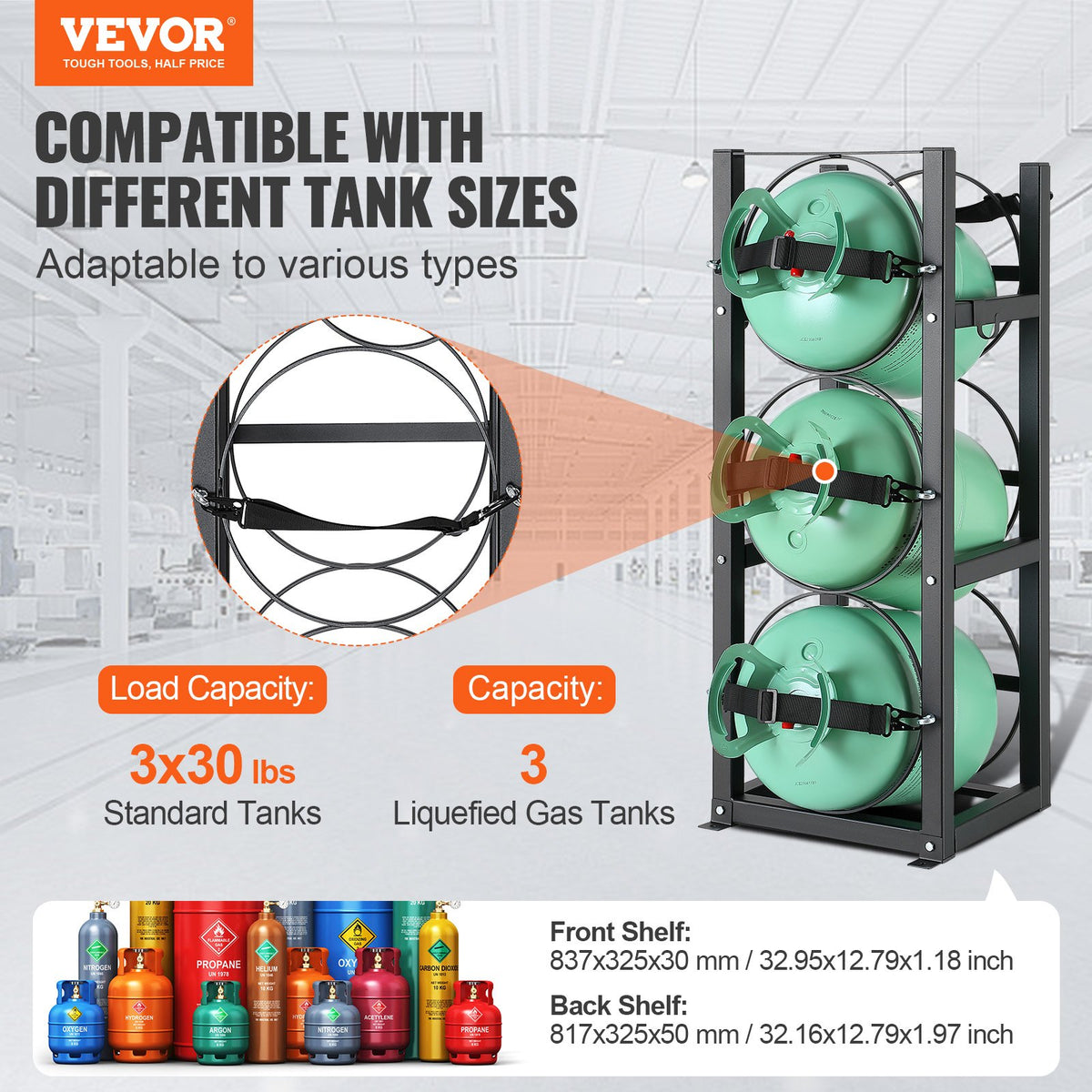 Refrigerant Tank Rack 12.79x12.99x33.07" for 3x30lb Gas Cylinder Storage