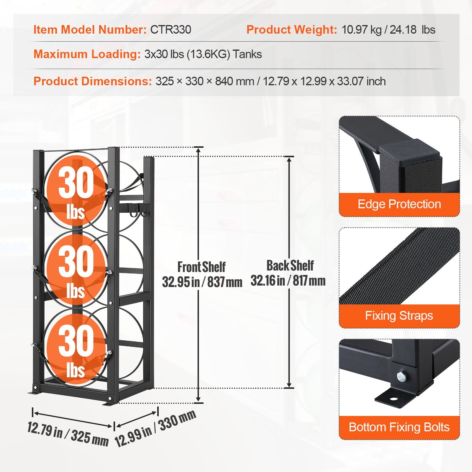 Refrigerant Tank Rack 12.79x12.99x33.07" for 3x30lb Gas Cylinder Storage