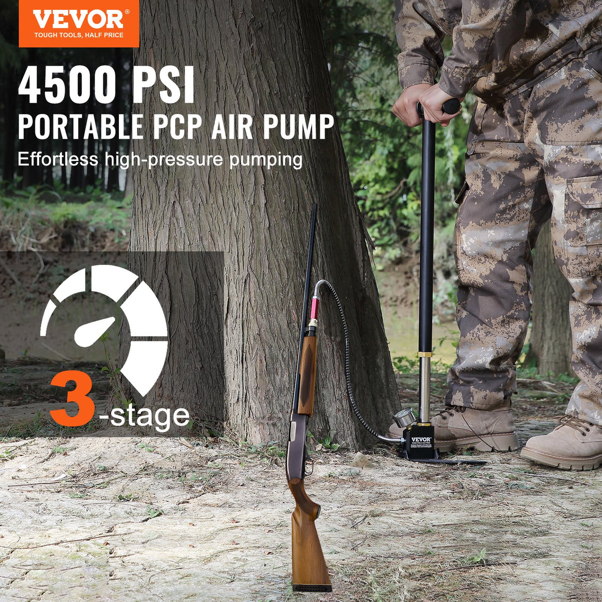 PCP Hand Pump 3‑Stage 4500PSI with Gauge and Oil‑Moisture Filter