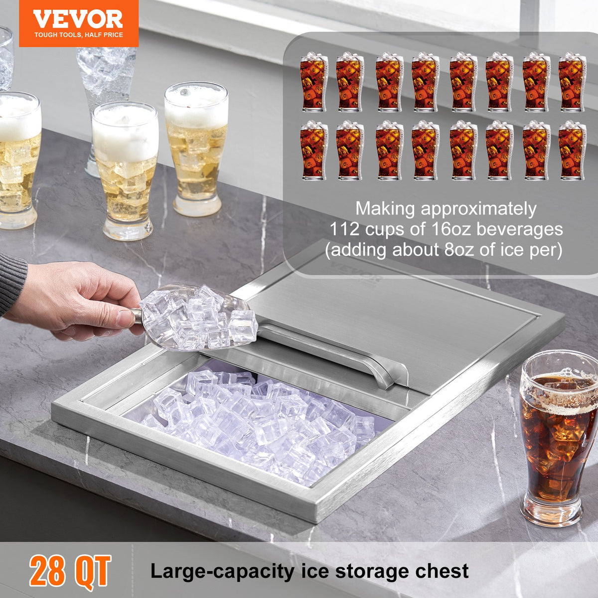 Drop-in Ice Chest 40.9qt Stainless Steel Cooler with Sliding Cover & Drain