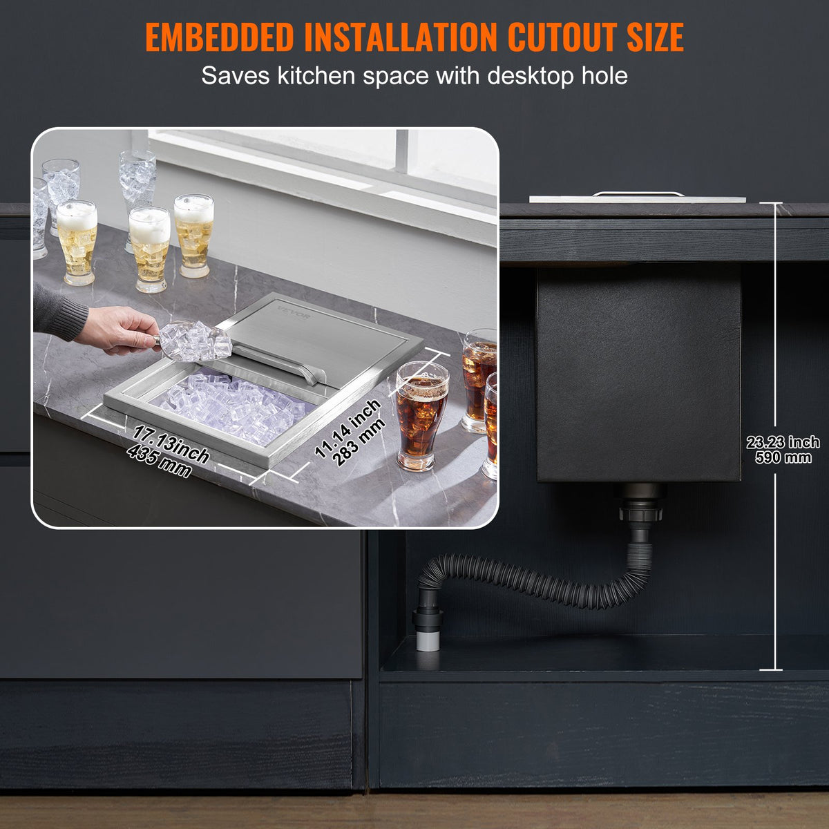 Drop-in Ice Chest 40.9qt Stainless Steel Cooler with Sliding Cover & Drain
