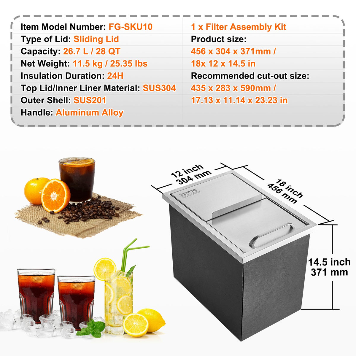 Drop-in Ice Chest 40.9qt Stainless Steel Cooler with Sliding Cover & Drain