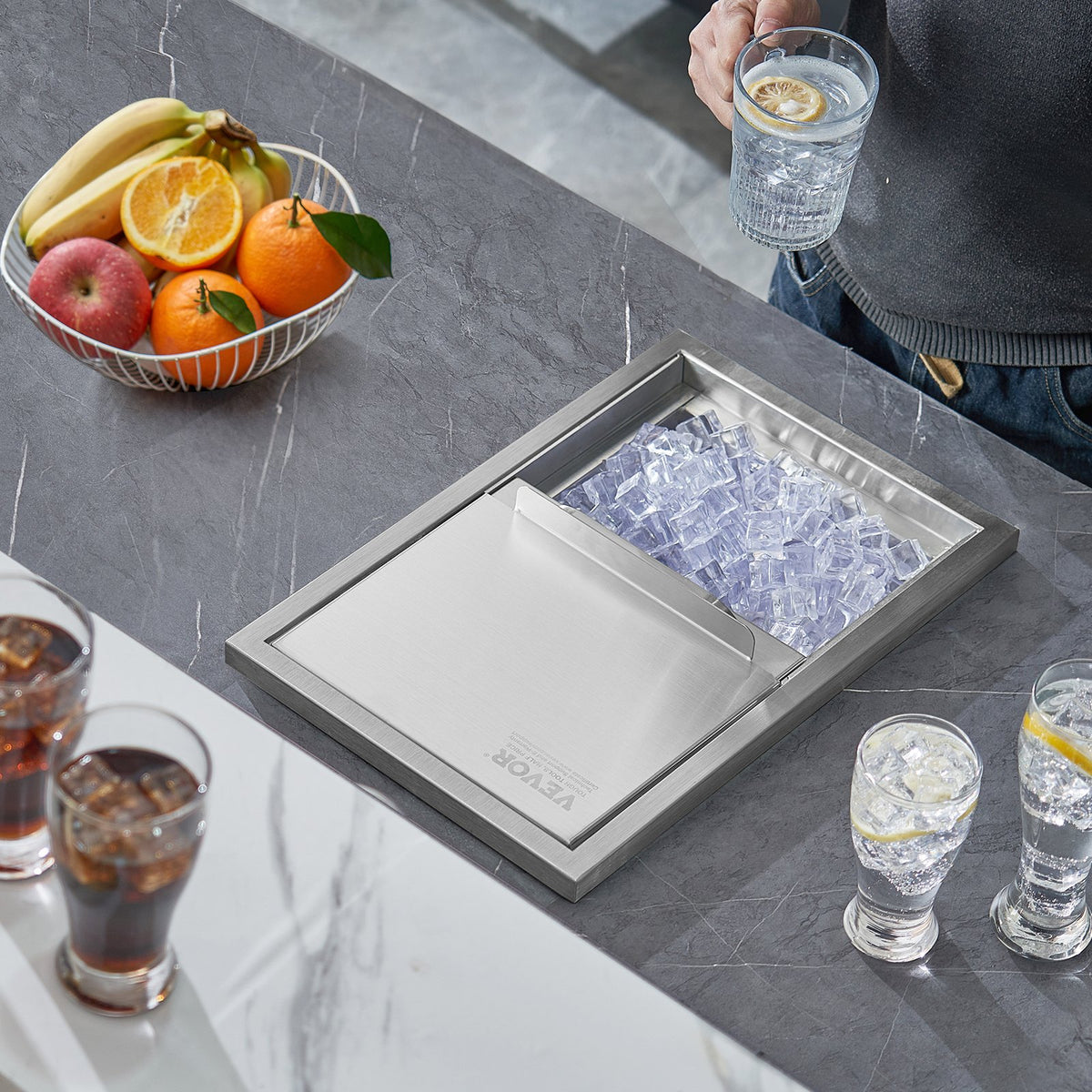 Drop-in Ice Chest 40.9qt Stainless Steel Cooler with Sliding Cover & Drain