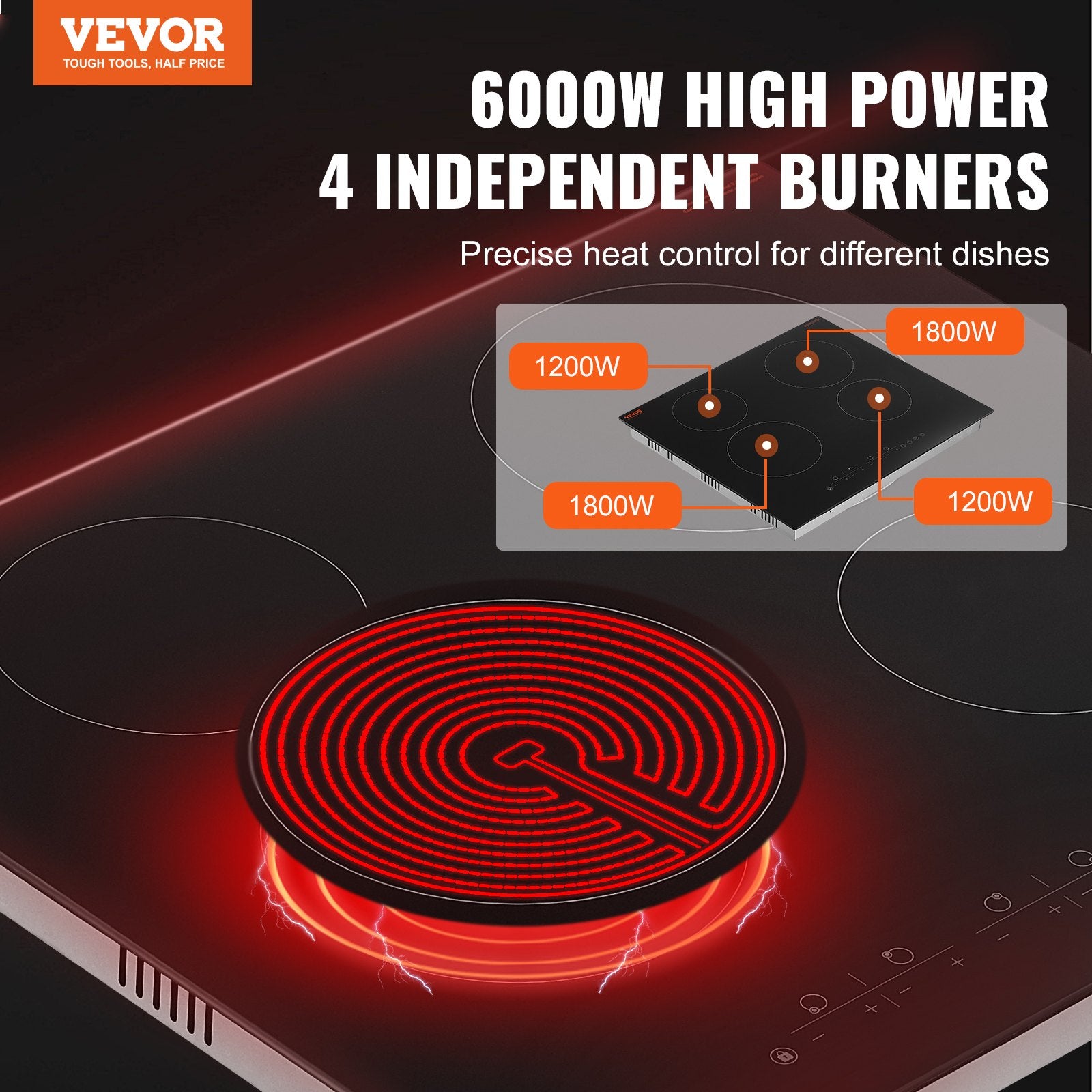 24" 4-Burner Electric Cooktop 6000W Ceramic Top Touch Control Child Lock