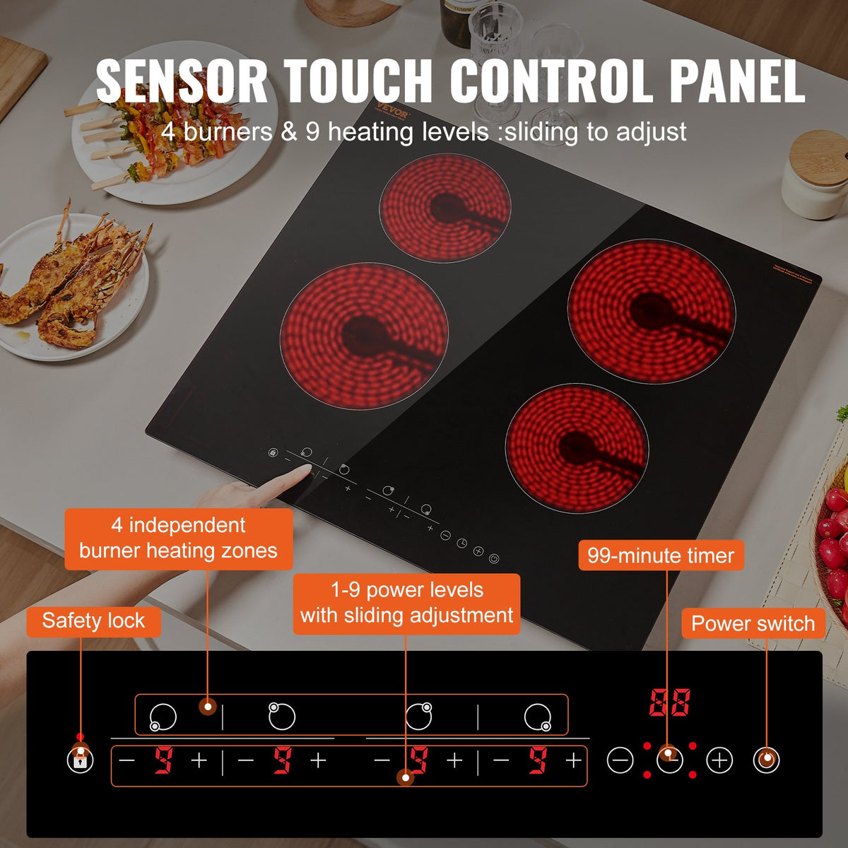 24" 4-Burner Electric Cooktop 6000W Ceramic Top Touch Control Child Lock