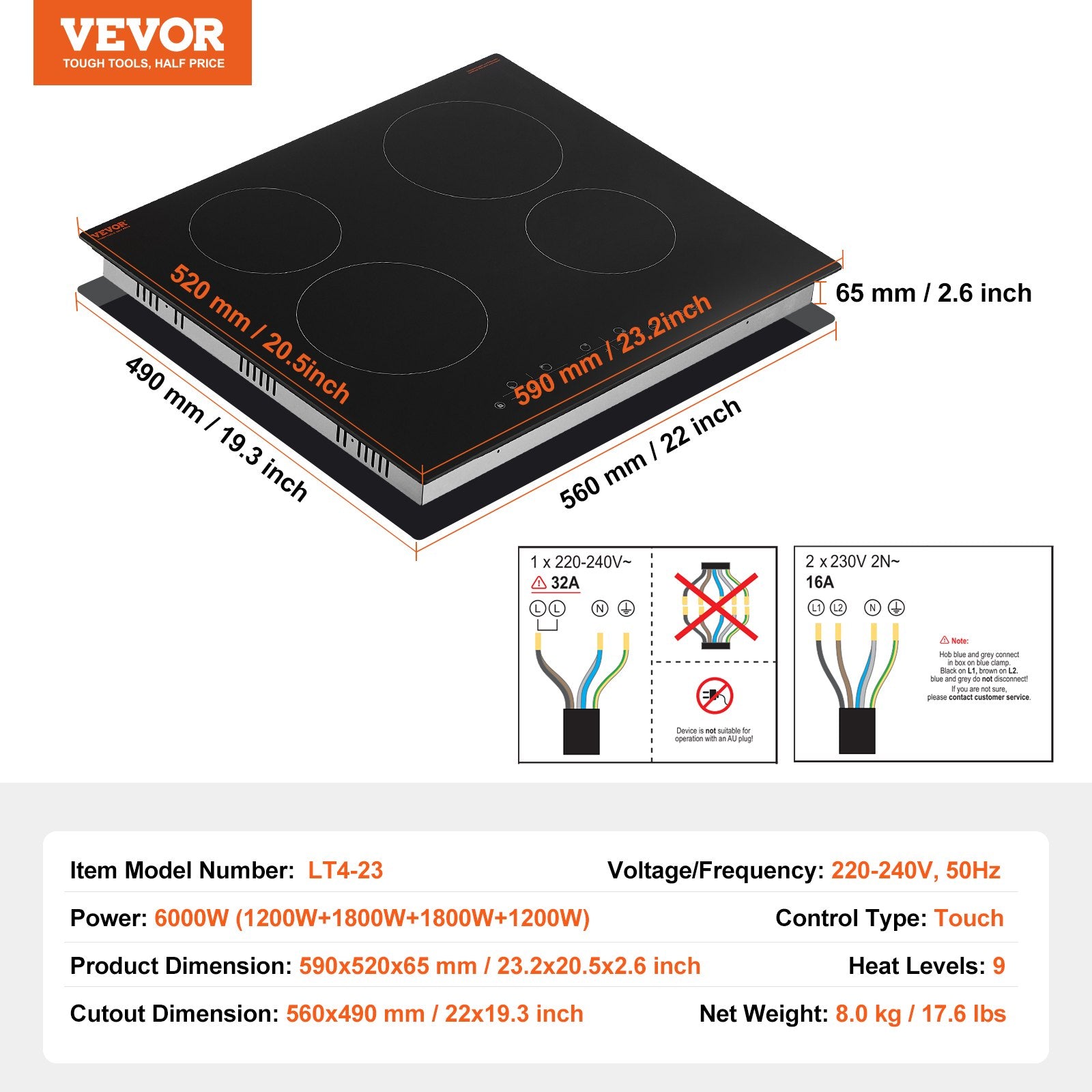 24" 4-Burner Electric Cooktop 6000W Ceramic Top Touch Control Child Lock