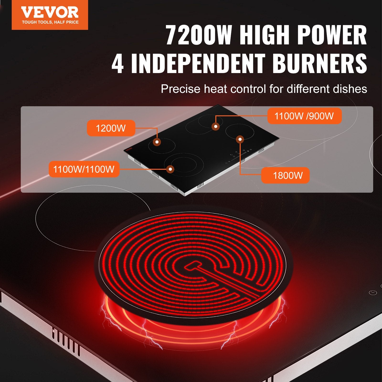 30" 4-Burner Electric Cooktop 7200W Ceramic Top Touch Control Child Lock