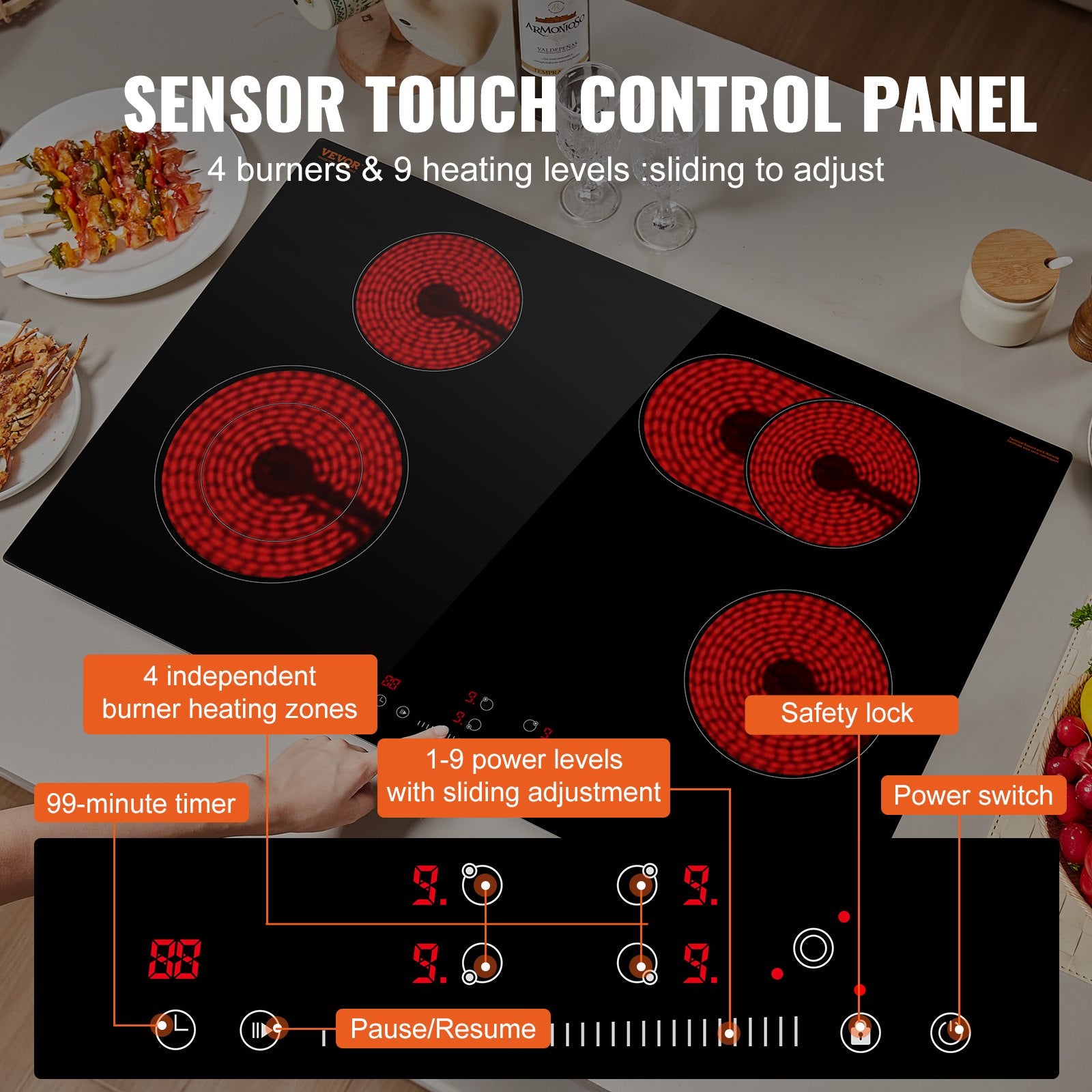 30" 4-Burner Electric Cooktop 7200W Ceramic Top Touch Control Child Lock