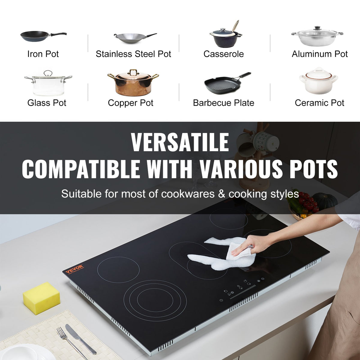 36" 5-Burner Electric Cooktop 8600W Ceramic Top Touch Control Child Lock