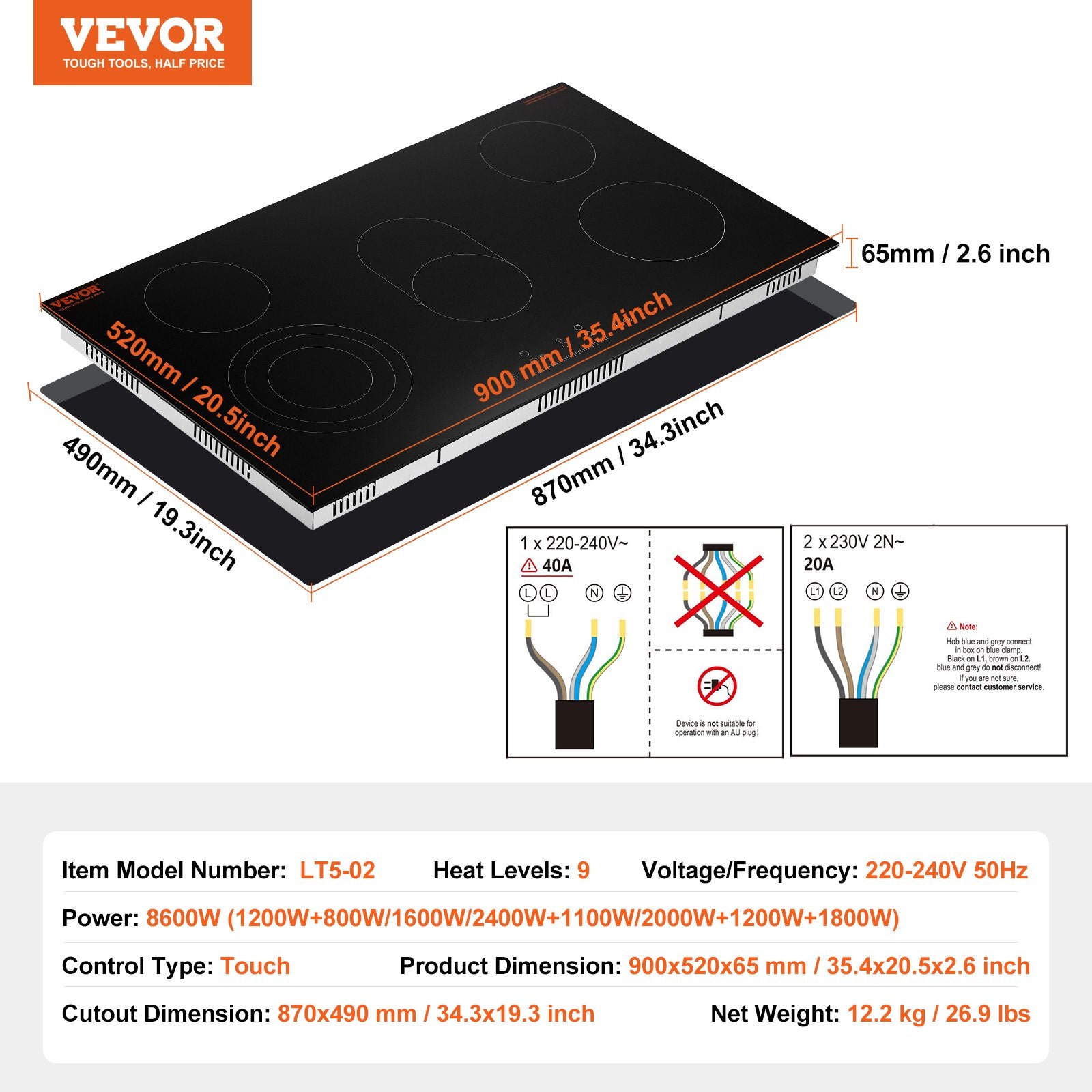 36" 5-Burner Electric Cooktop 8600W Ceramic Top Touch Control Child Lock