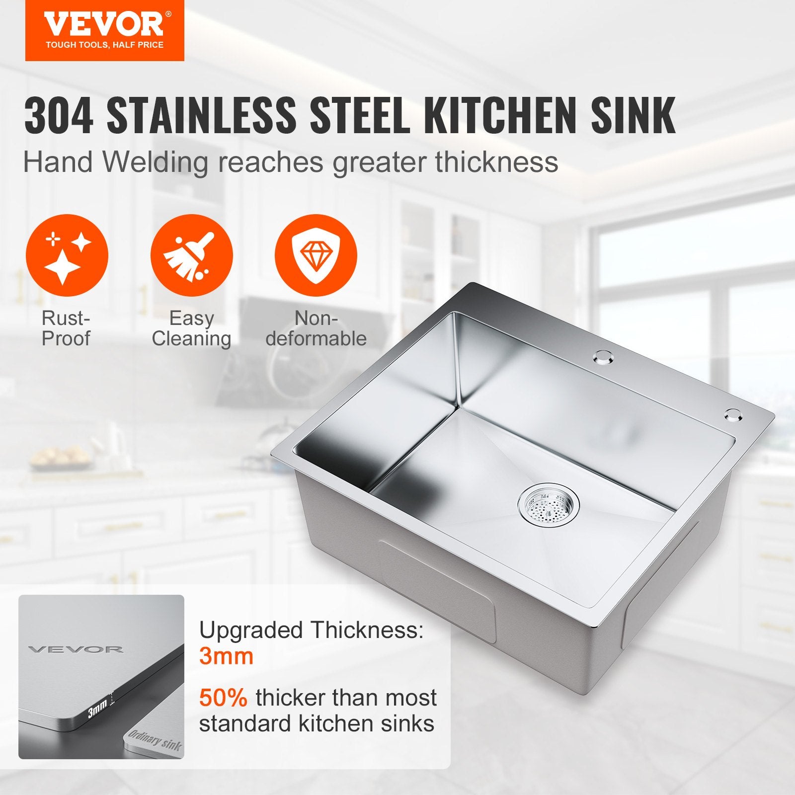 Kitchen Sink 25", 304 Stainless Steel Top Mount Single Bowl, Pack of 2 with Accessories