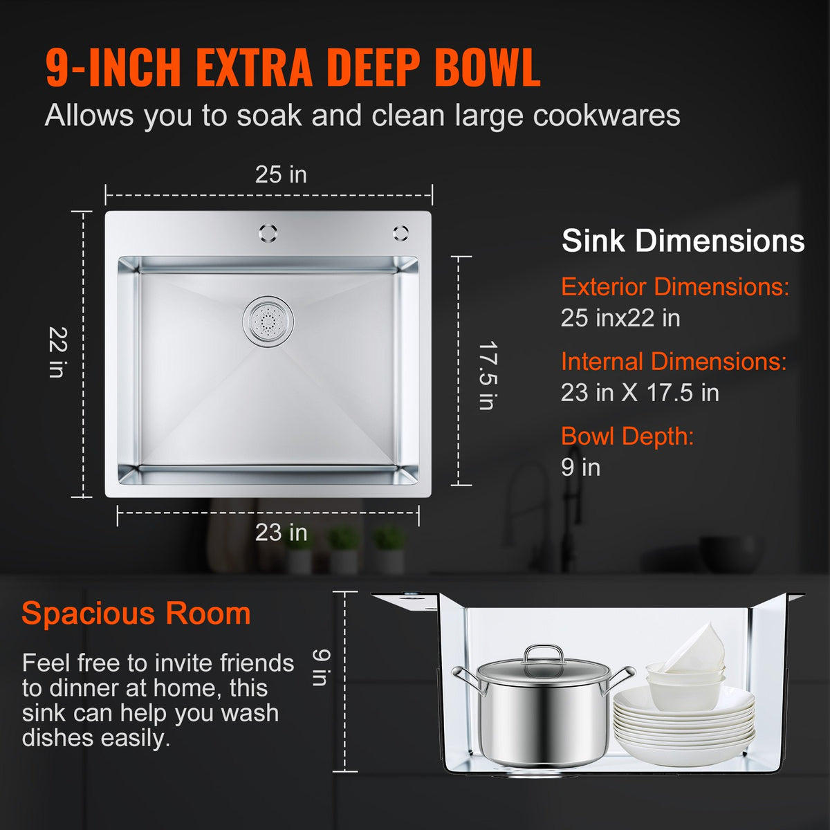 Kitchen Sink 25", 304 Stainless Steel Top Mount Single Bowl, Pack of 2 with Accessories