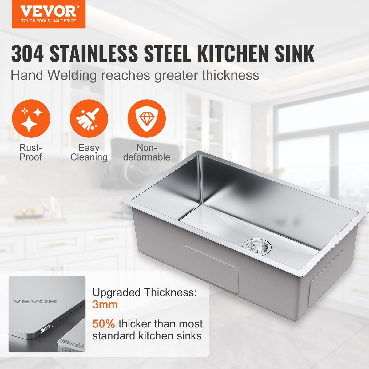 Kitchen Sink 30", 304 Stainless Steel Undermount Single Bowl, Pack of 3 with Accessories