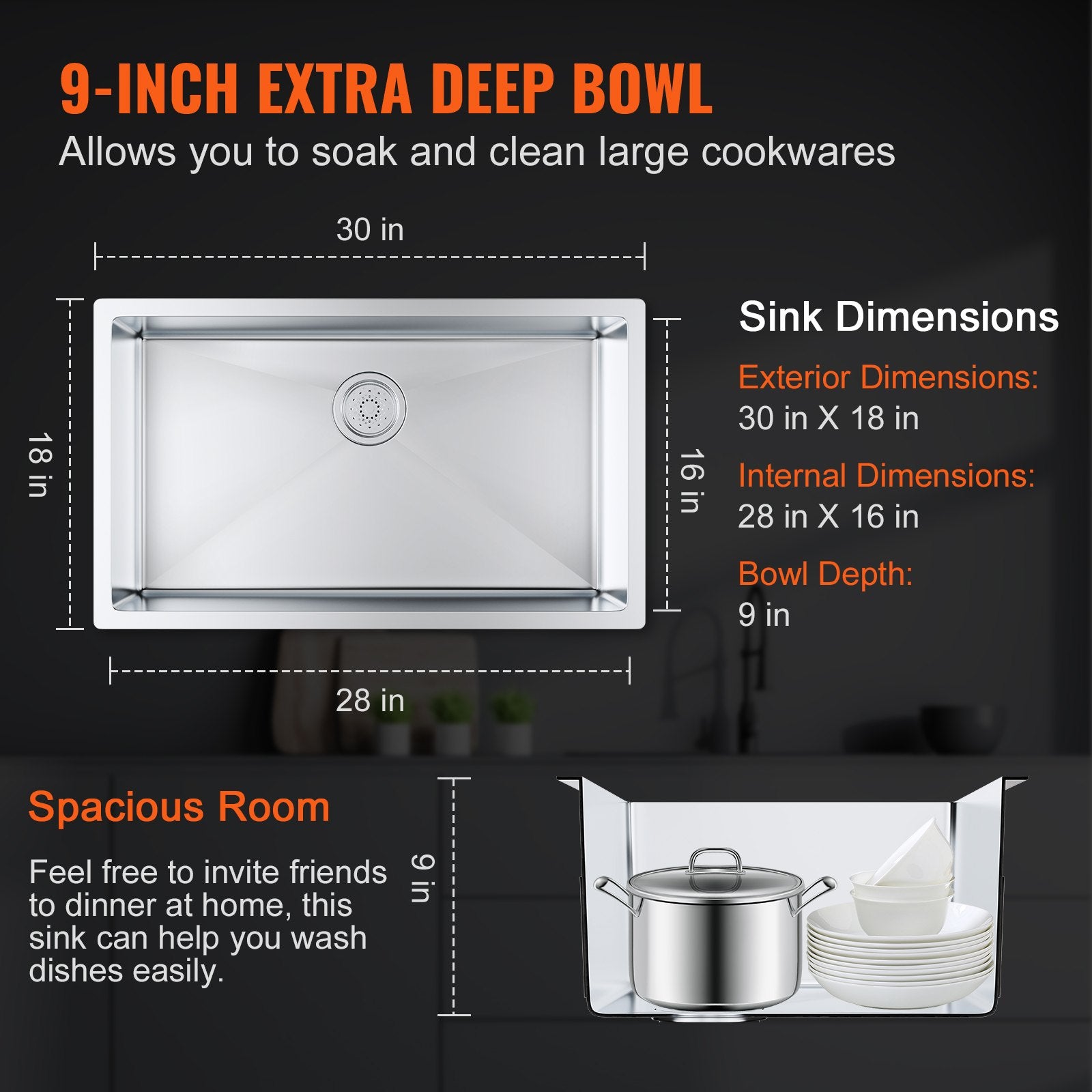 Kitchen Sink 30", 304 Stainless Steel Undermount Single Bowl, Pack of 3 with Accessories