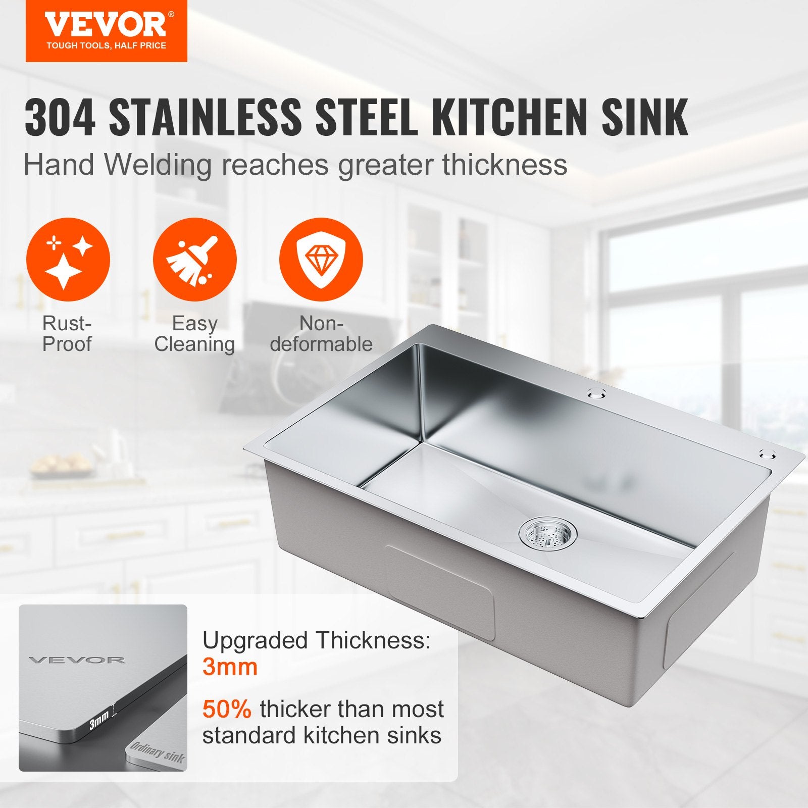 Kitchen Sink 33", 304 Stainless Steel Top Mount Single Bowl, Pack of 3 with Accessories