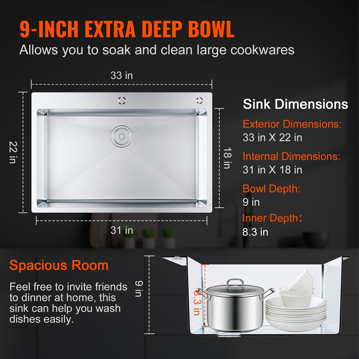 Kitchen Sink 33", 304 Stainless Steel Top Mount Single Bowl, Pack of 3 with Accessories