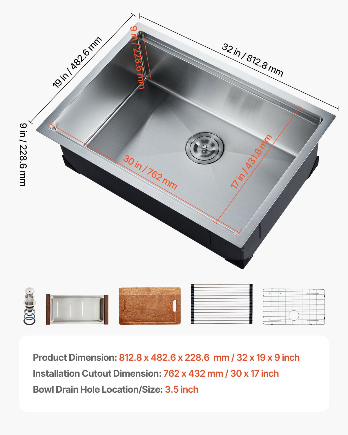 Kitchen Sink Workstation 32", 304 Stainless Steel Undermount Single Bowl with Accessories