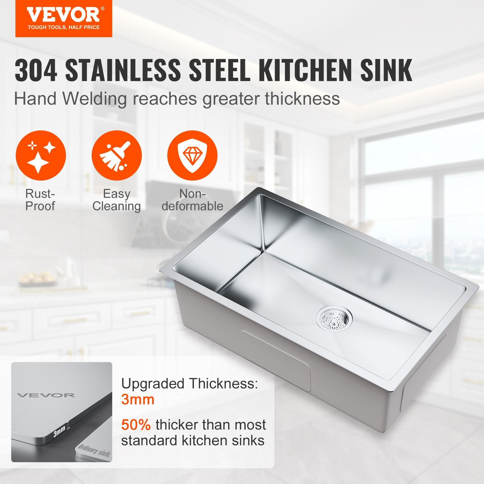 Kitchen Sink 30", 304 Stainless Steel Drop-In Single Bowl, Pack of 3 with Accessories
